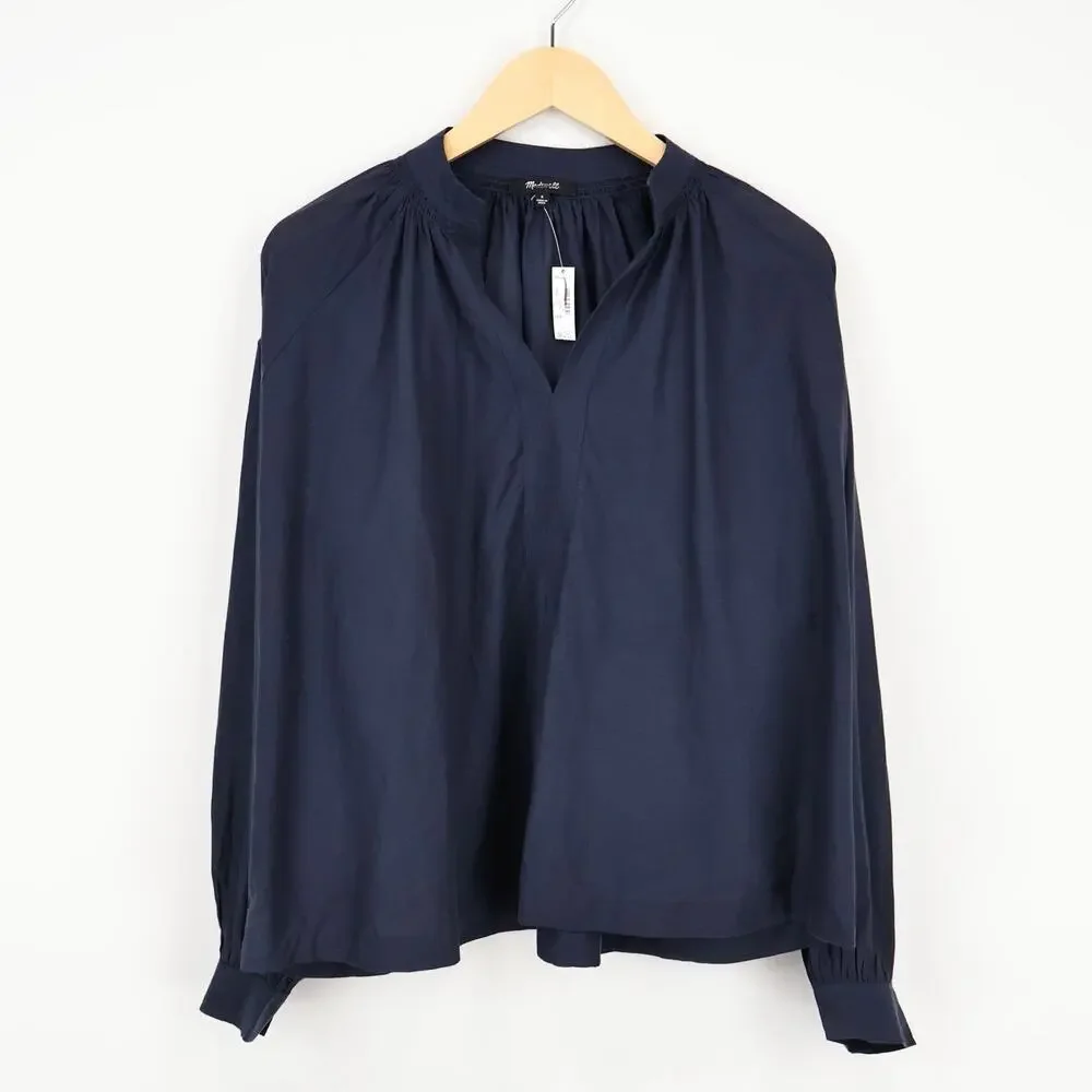 NWT Madewell Shirred Long-Sleeve Flowy V-Neck Top Ink Navy Blue Size Small - Picture 3 of 10